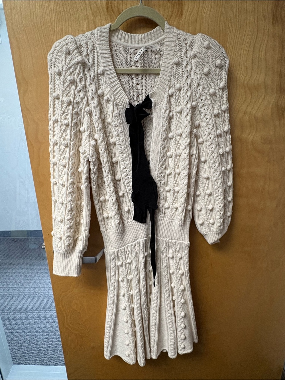 Alice + Olivia Cream Cable Knit Long Sleeve Dress with Black Tie
